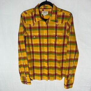 Ralph Lauren Denim & Supply Yellow Red Green Plaid Long Sleeve Snap Front Shirt
